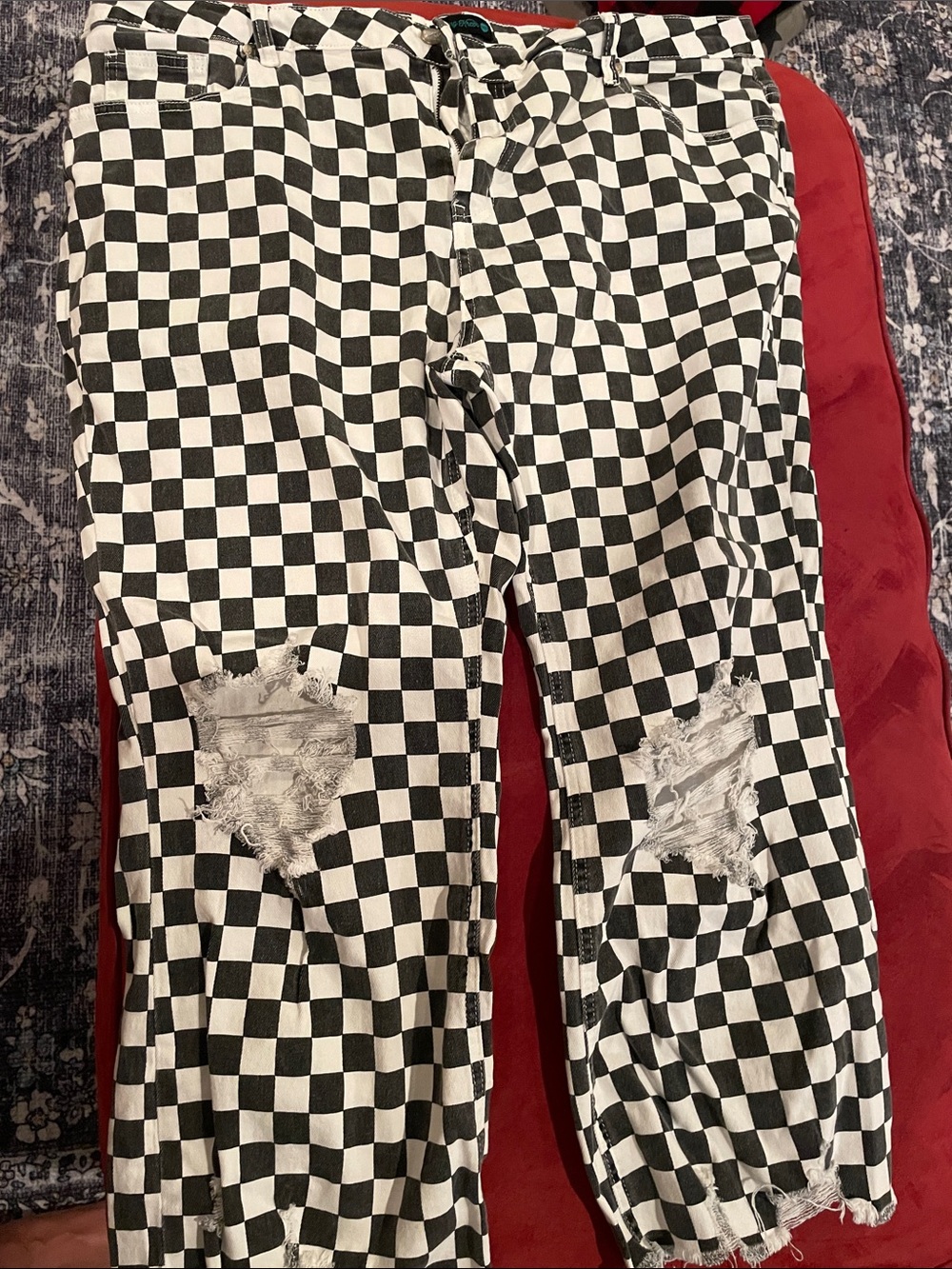 Checkerboard Distressed Ripped Jeans - Black & White